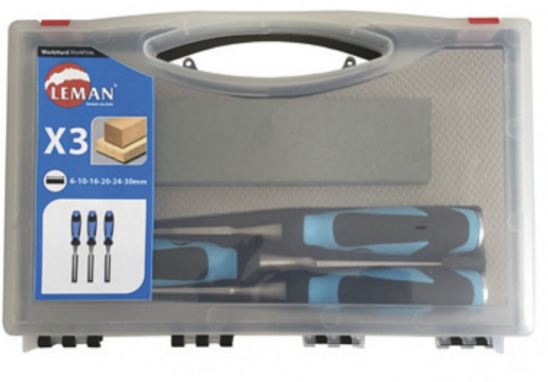 LEMAN - Coffret De 3 Ciseaux à Bois / Manche Bi-matière L.12/26/40mm + Pierre 4 LEMAN - Coffret De 3 Ciseaux à Bois / Manche Bi-matière L.12/26/40mm + Pierre – Image 2
