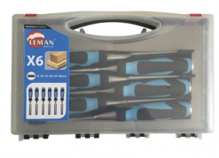LEMAN - Coffret De 6 Ciseaux à Bois / Manche Bi-matière Largeurs 6 /10 /16 /20 /24 Et 30mm -Outils Maison Magasin coffret de 6 ciseaux a bois a coffret plastique